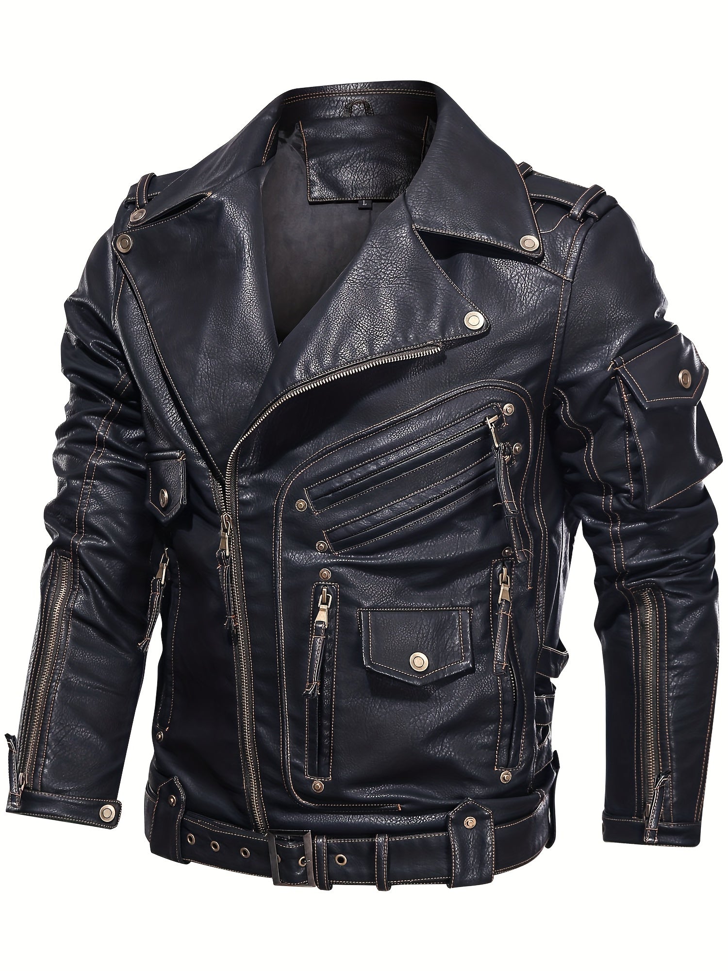 Men's Black Biker Jacket with Zipper Pockets Studded Details Polyester Lining Loose Fit Spring Fall