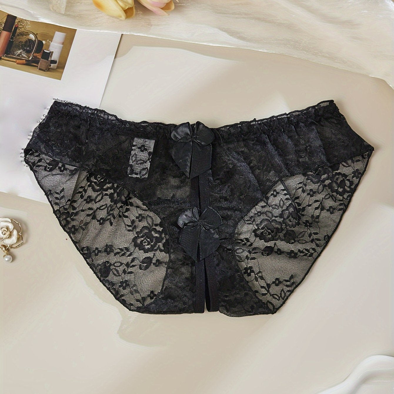 Women's Lace Open-Crotch Underwear with Bowknot, Sexy Nightwear