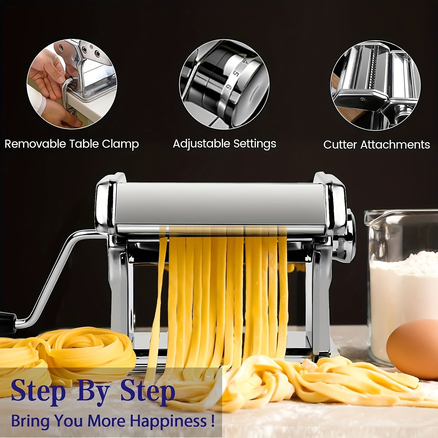 Stainless Steel Manual Pasta Maker with 7 Adjustable Thickness Settings for Noodles and Meat Slices