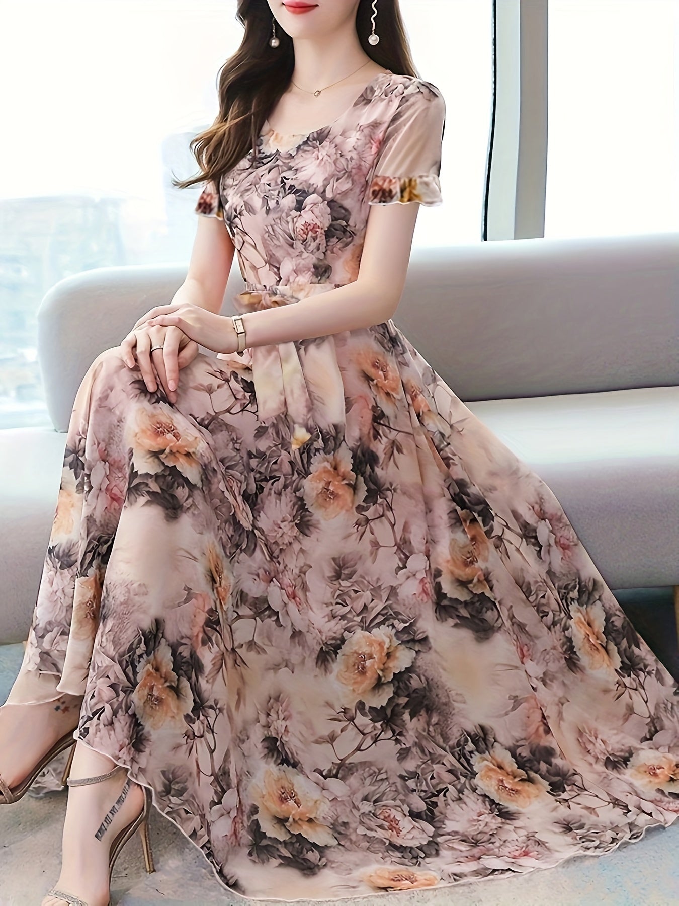 Adult Floral Peony Dress with Semi-Sheer Woven Polyester Fabric and Crew Neck