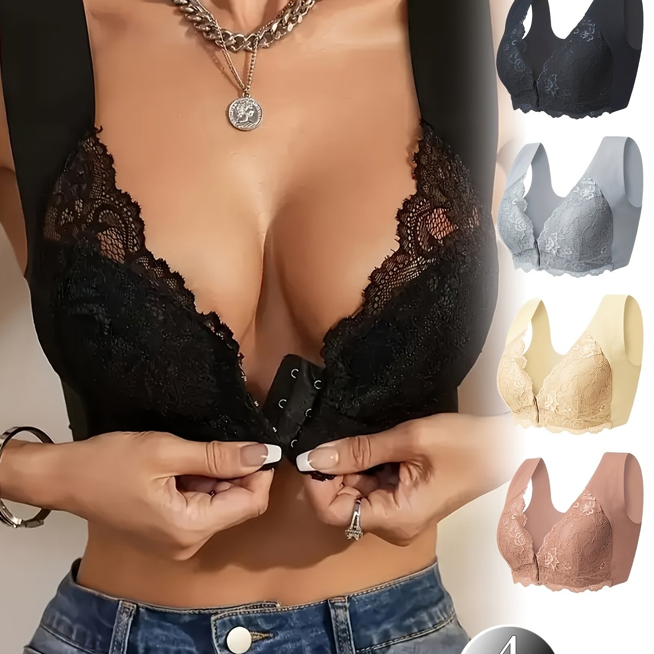 Women Plus Size Sports Bras Set Non-Wire Front Closure Removable Pads Black Beige Light Blue Pink