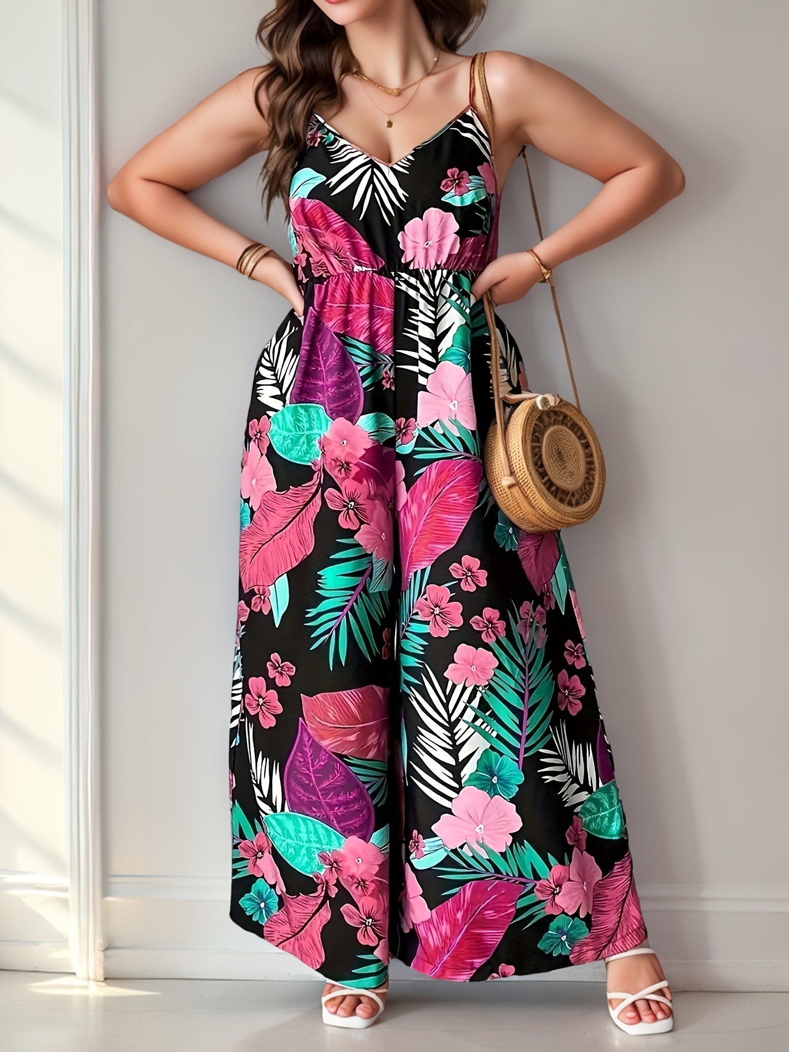 Plus Size Women's Tropical Print Backless Cami Jumpsuit Vacation Style