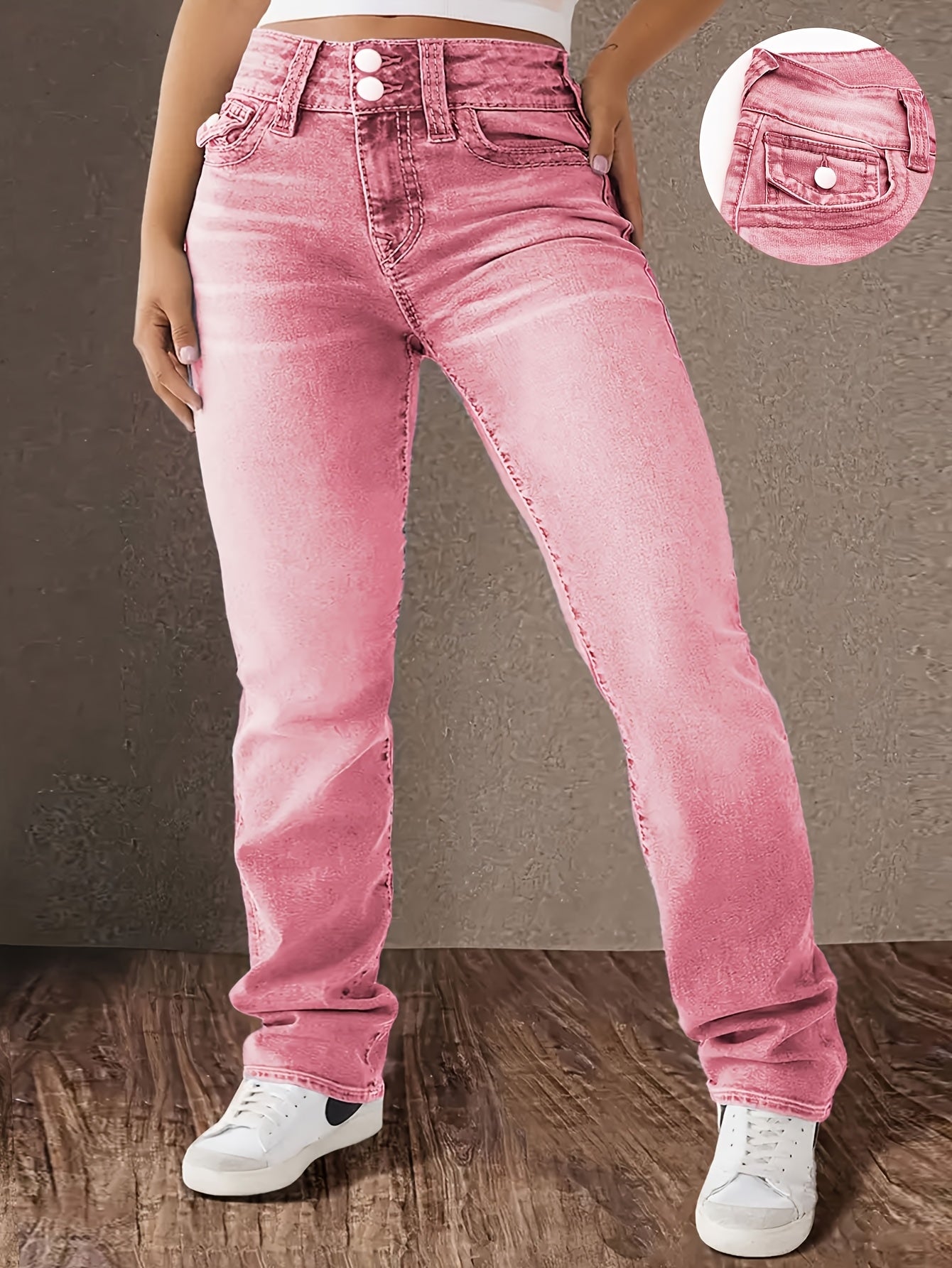 Women's Pink Slim Fit Denim Jeans with Slash Pockets and Button Closure