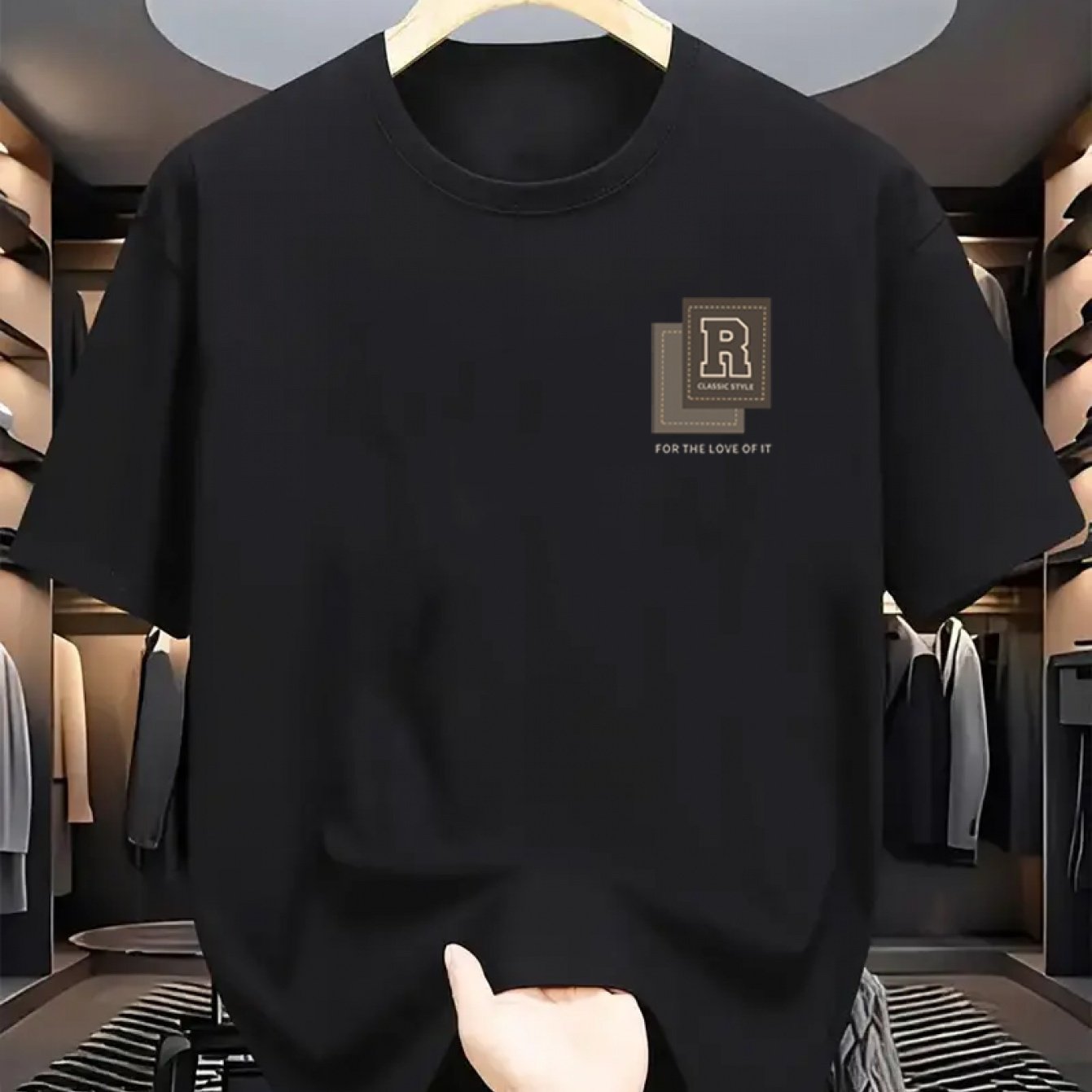 Men's Cotton Casual T-Shirt with R Print Crew Neck Short Sleeve All-Season