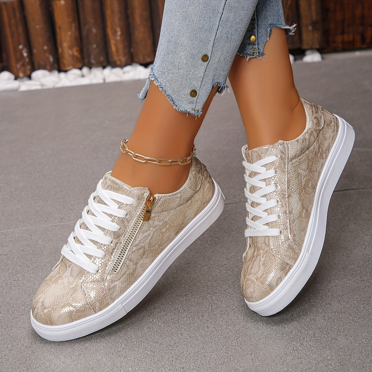 Women's Metallic Gold Snake Faux Leather Low-Top Sneakers