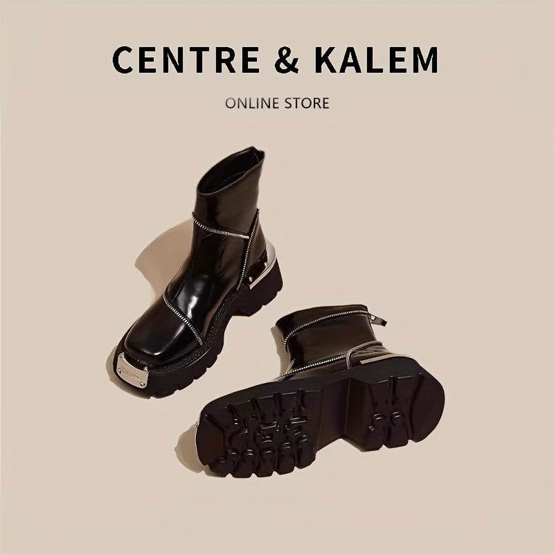 Women's Chunky Microfiber Ankle Boots with Zipper and Rubber Sole