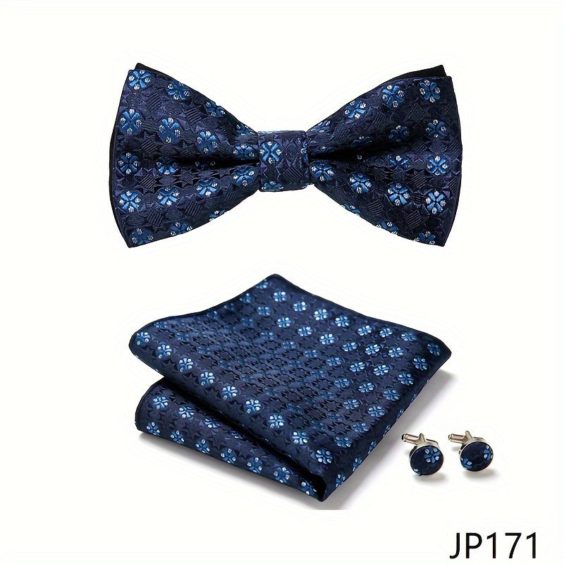 Men's Blue Polyester Tie and Pocket Square Set Floral Pattern for Formal Events