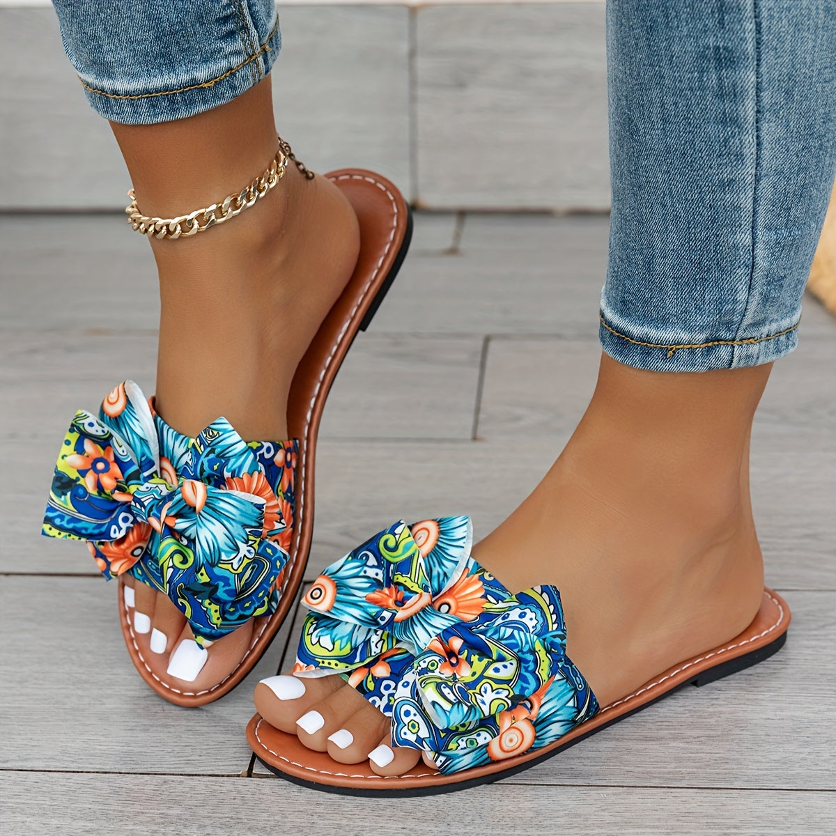 Women Bohemian Floral Slide Sandals Vibrant Blue Orange Green Strappy