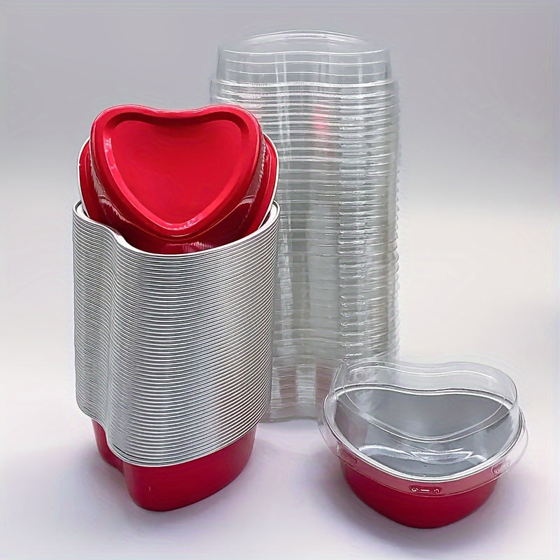 50 Heart-Shaped Aluminum Foil Cake Cups with Lids for Valentine's Day Weddings and Birthdays