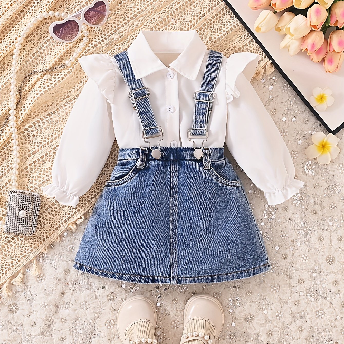 Toddler Girl White Long Sleeve Shirt with Denim Overalls Skirt Set for Spring Fall Outdoor