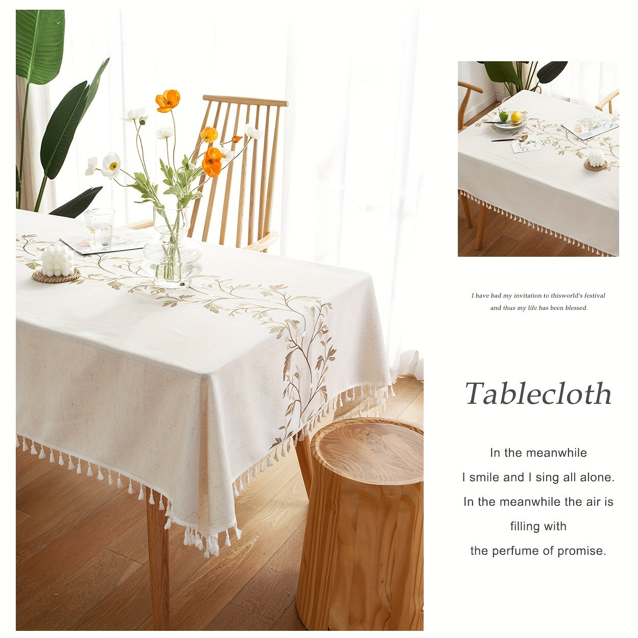 Linen Tablecloth with Feather Embroidery Rectangular Durable Easy to Clean for Weddings Parties and Restaurants