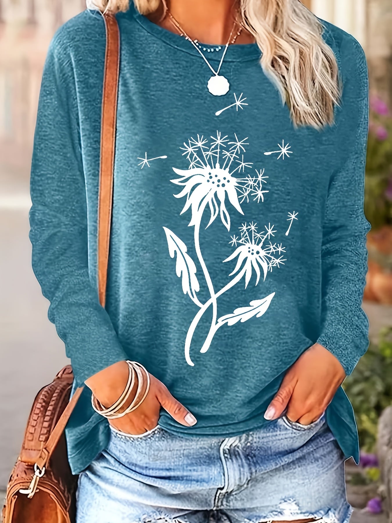 Women's Casual Floral Round Sleeve Blouse, Loose Fit, Spring Fall, Stretch Fabric