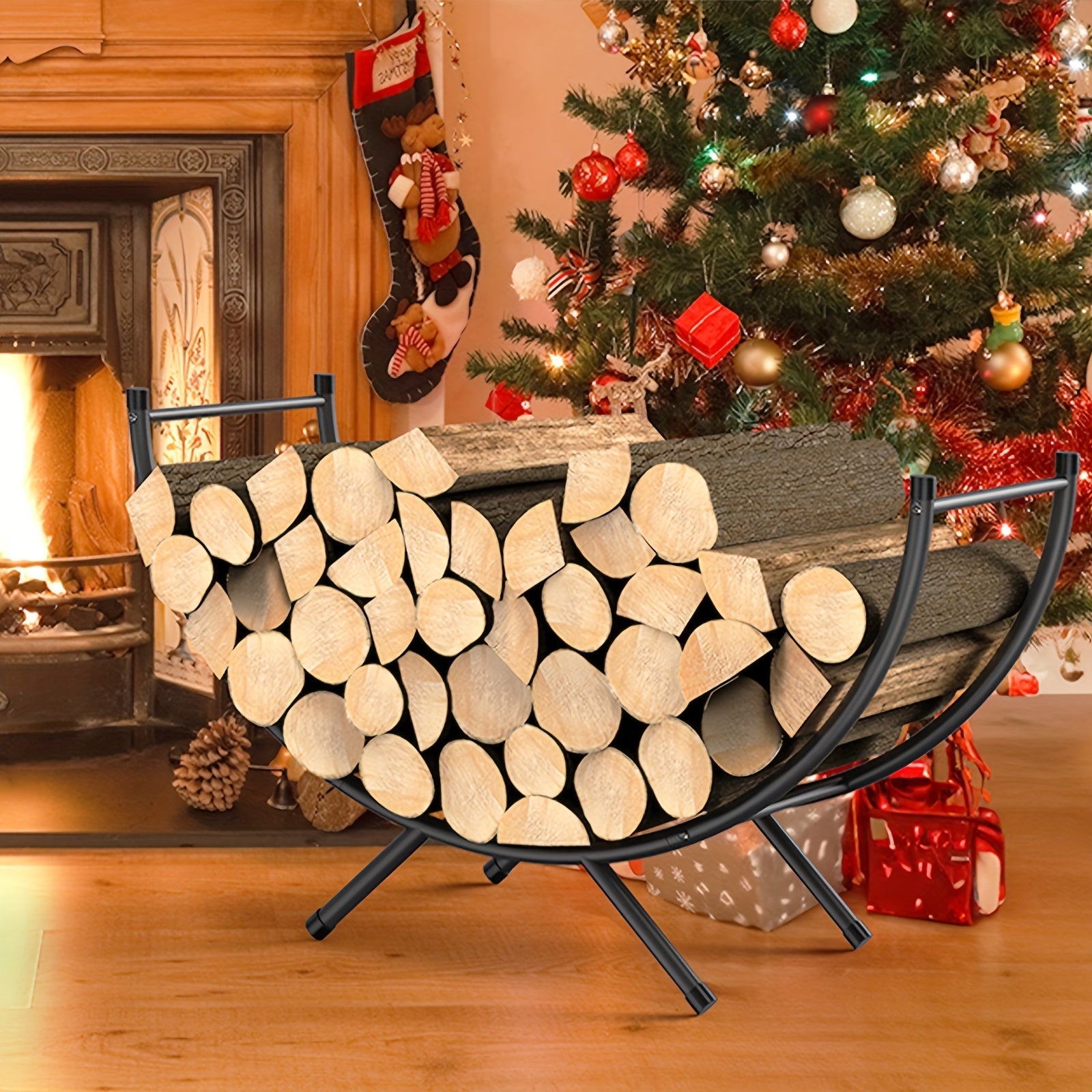 Metal Firewood Rack Curved Waterproof Rustproof Indoor Outdoor Log Holder