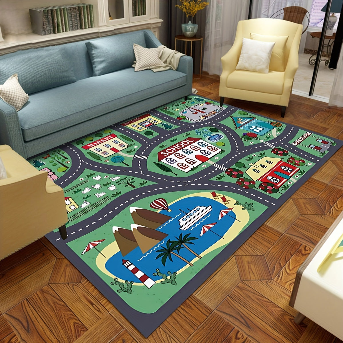 Urban Road Pattern Area Rug Non-Slip Moisture-Proof Polyester for Living Room Bedroom Kitchen