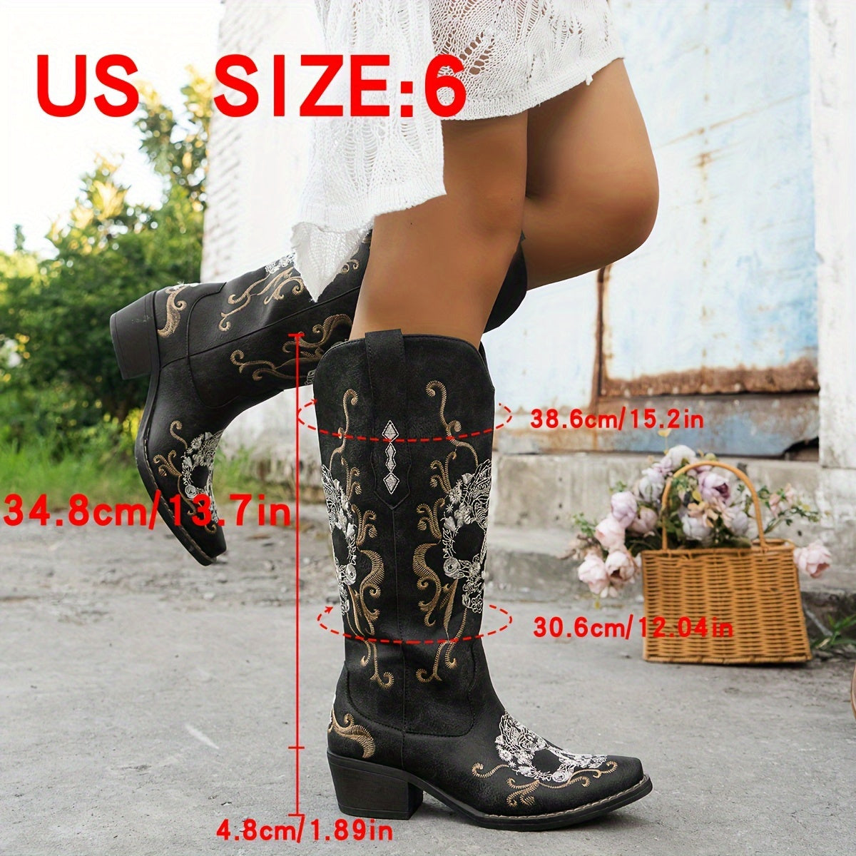 Women's Western Cowboy Boots with Floral Embroidery Black Faux Cover Square Toe