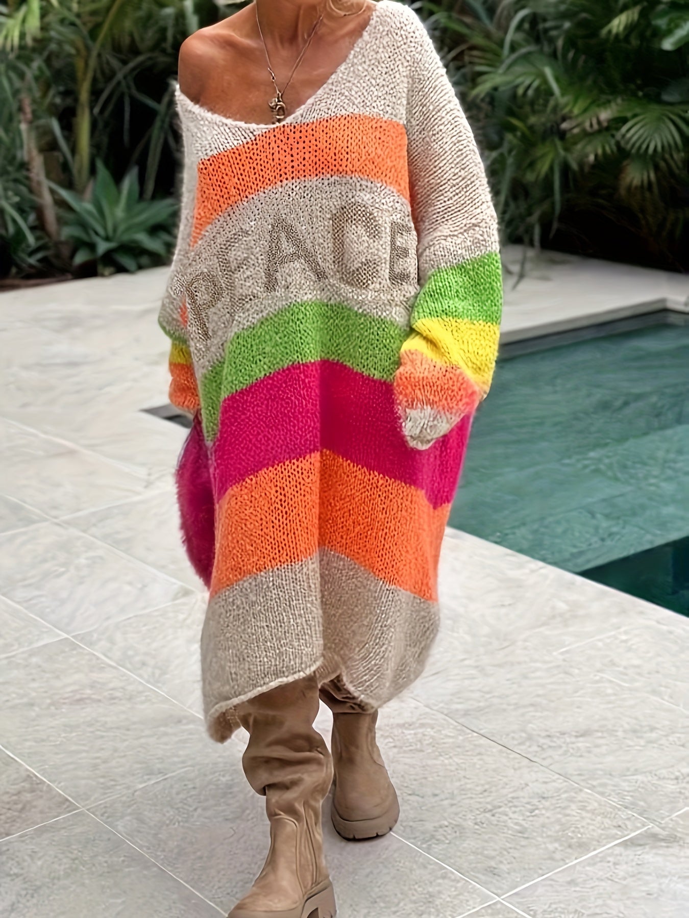 Vestido de punto con escote en V para mujer talla grande con rayas coloridas, casual, oversize, para otoño e invierno