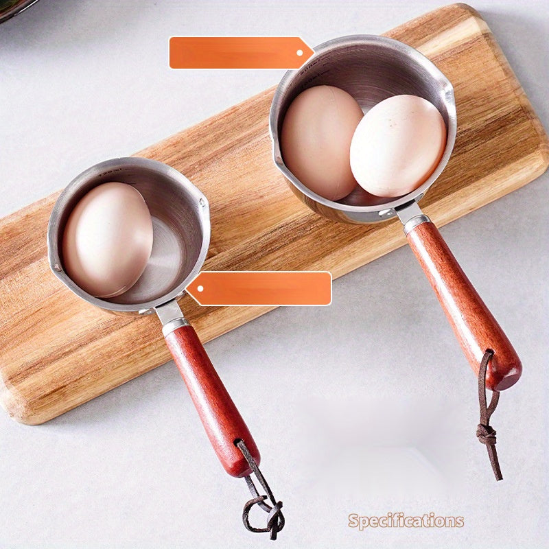 Small Stainless Steel Saucepan with Wooden Handle and Measuring Spout