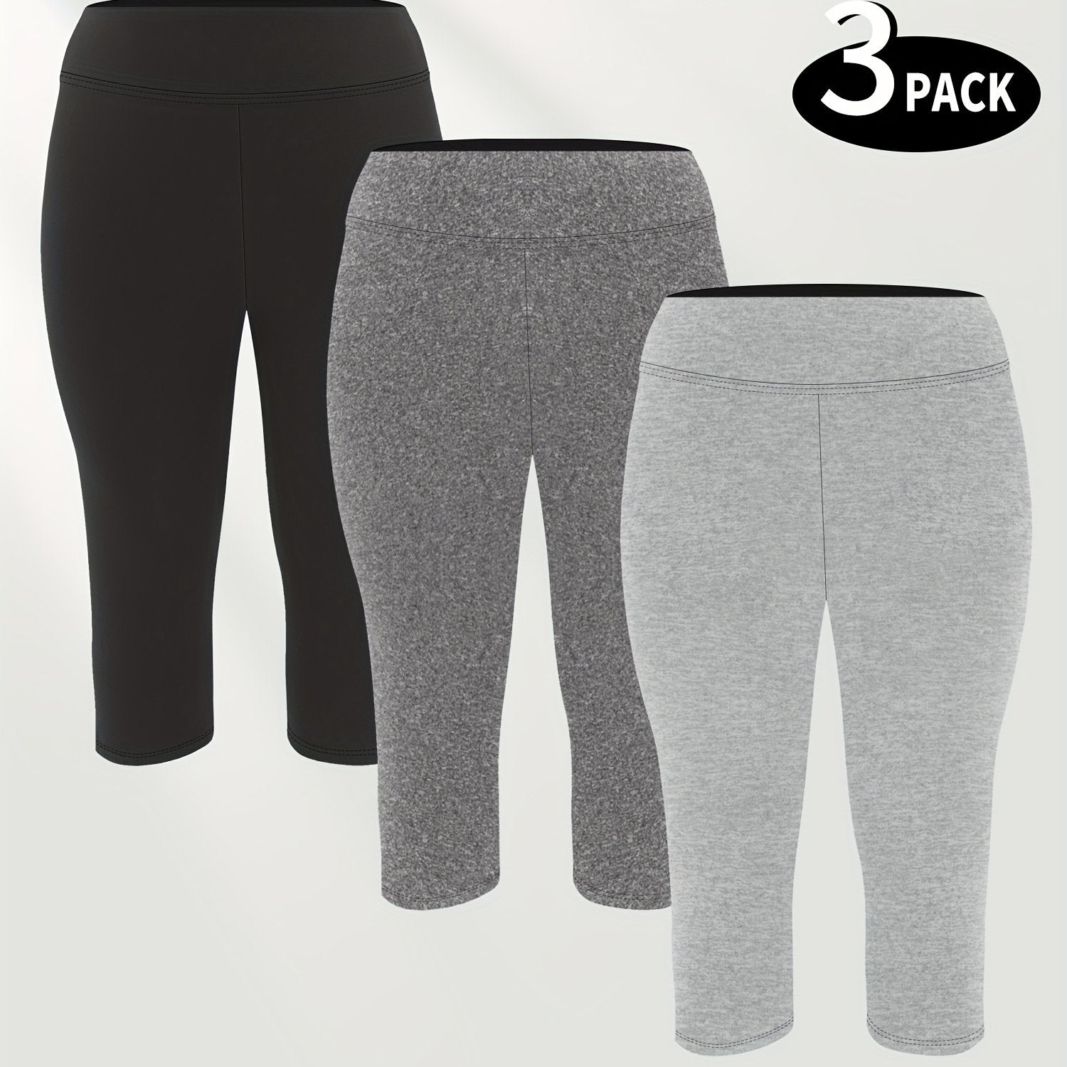 Plus Size High-Waist Capri Leggings Stretch Polyester Elastane Solid Color 3 Pack