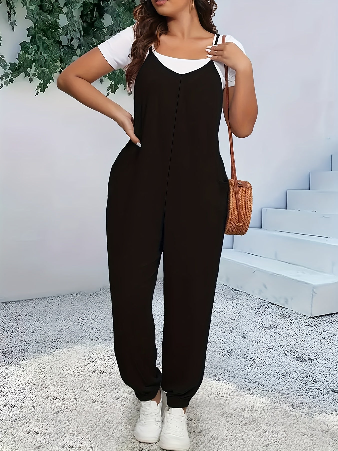 Plus Size Women's V-Neck Jumpsuit Sleeveless Romper with Pockets
