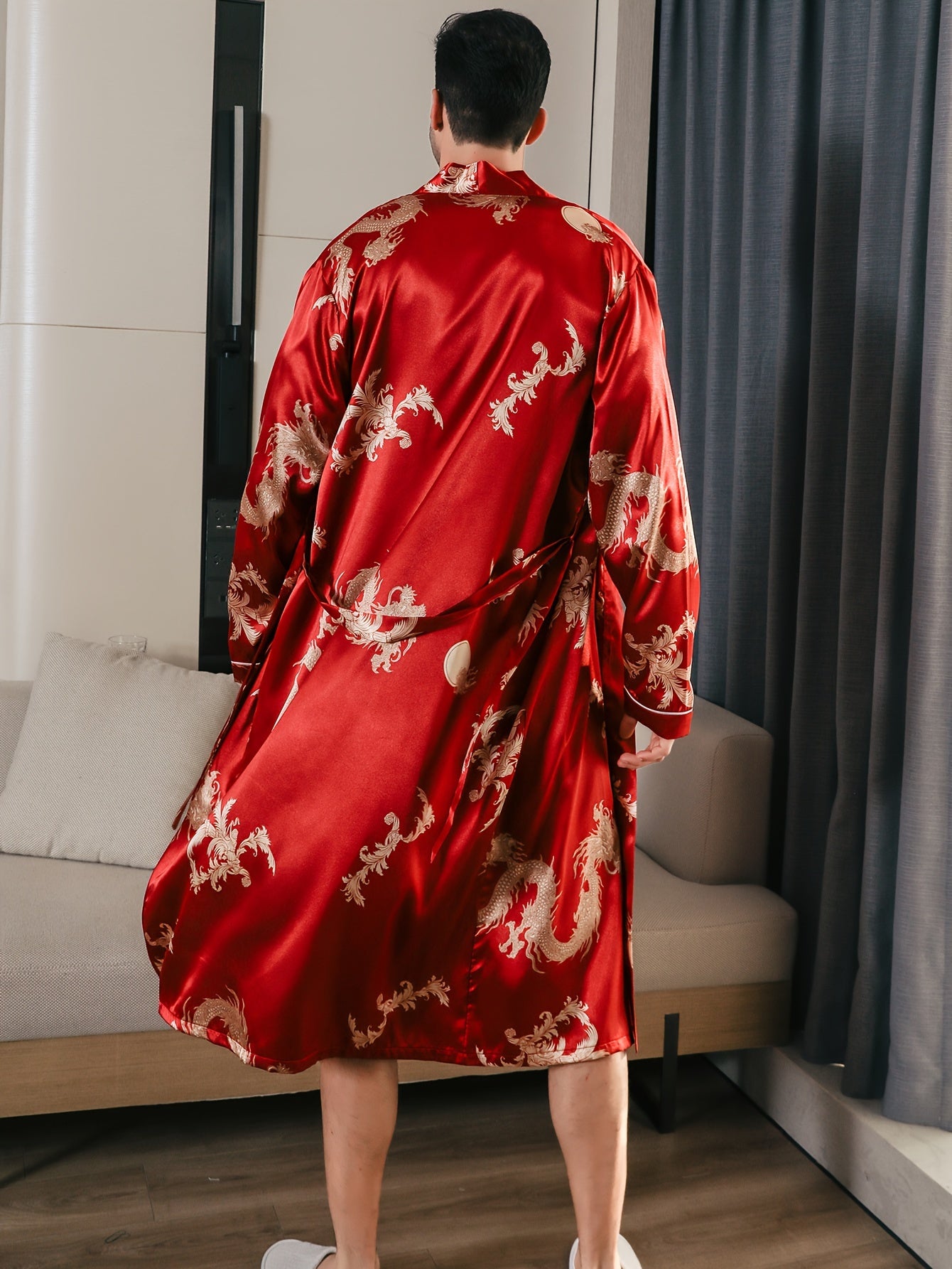 Men's Long Sleeve Robe with Golden Dragon Print Casual Pajama Loungewear Polyester