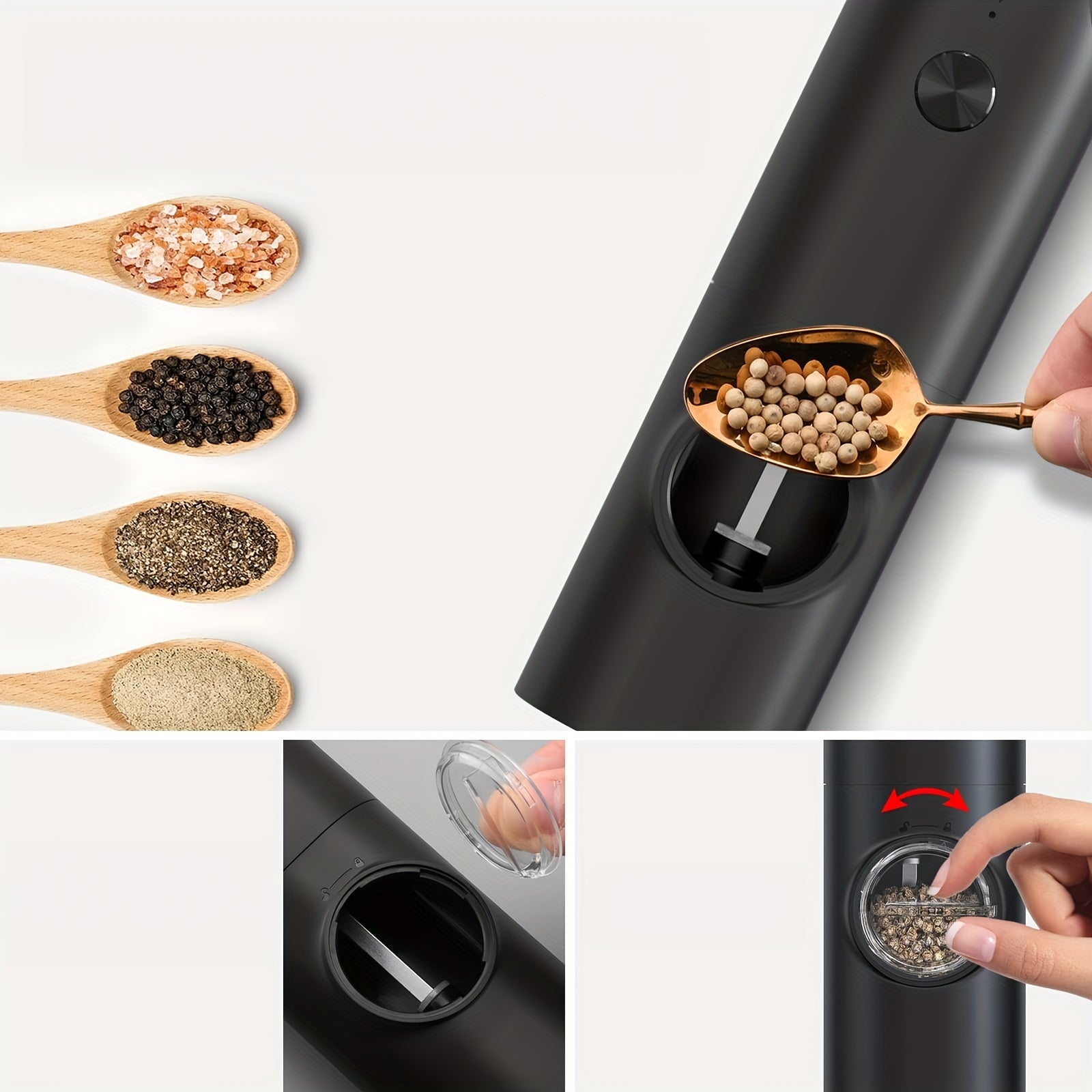 Qayta to'ldiriladigan elektr tuz va murch maydalagich, qora, USB LED chirog'i bilan, keramik maydalagich, sozlanadigan qattiqlik, bitta qo'l bilan boshqarish