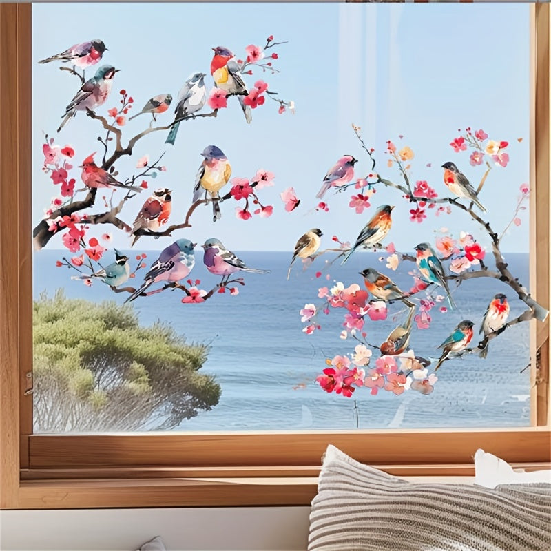 Watercolor Wall Sticker with Branches Flowers and Birds for Windows and Walls