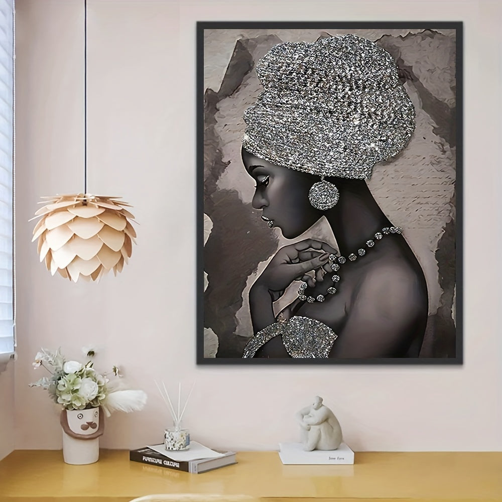 Abstract Canvas Wall Art Featuring Silvery Glitter Embroidered African Woman 40x60cm or 50x75cm