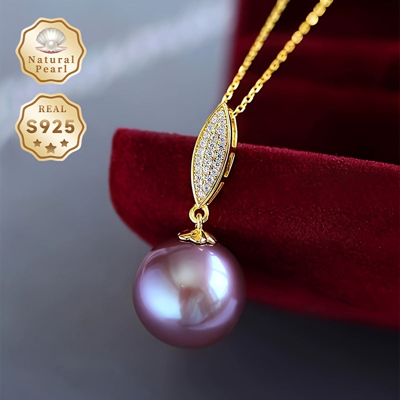 Purple Freshwater Pearl Pendant Necklace 13-14mm S925 Silver Gift Box