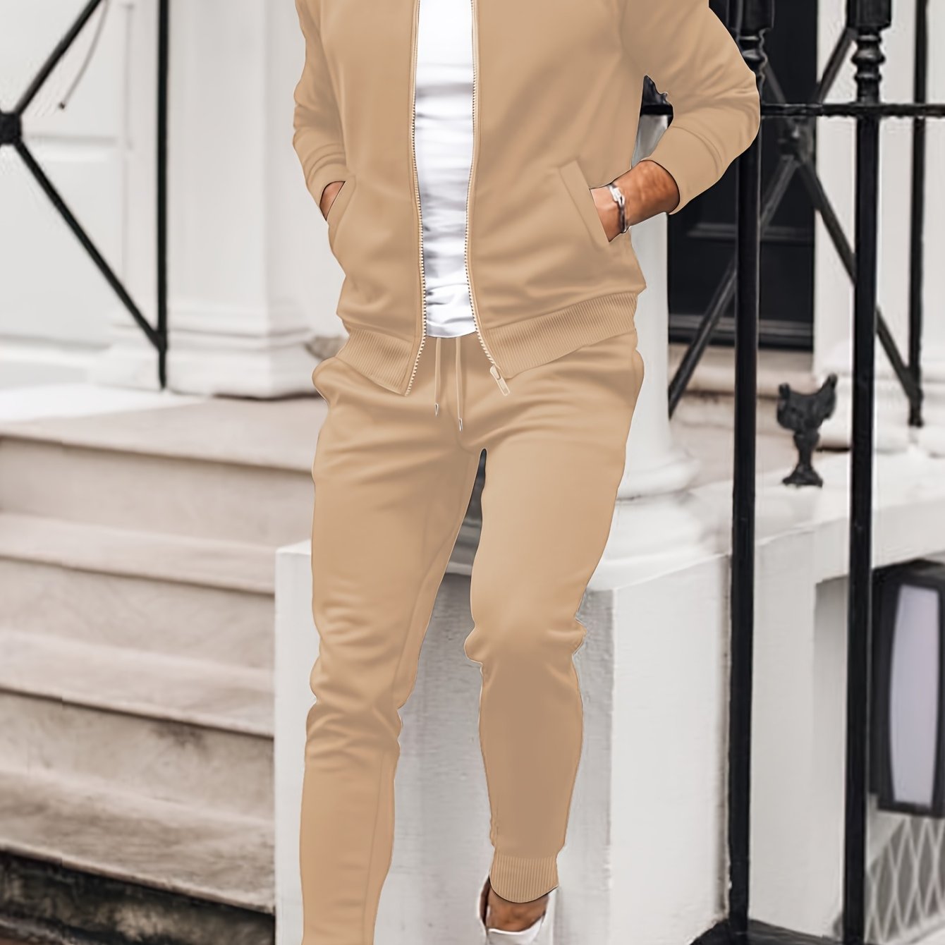 Men's Polyester Sweatsuit Set with Baseball Collar Long Sleeve Solid Color Fall Winter