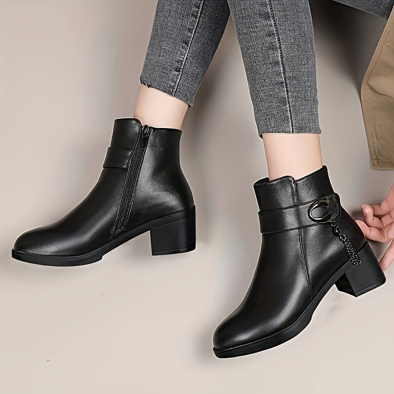 Women's Fleece-Lined Winter Boots Mid-Heel Warm Short Booties Wide Fit