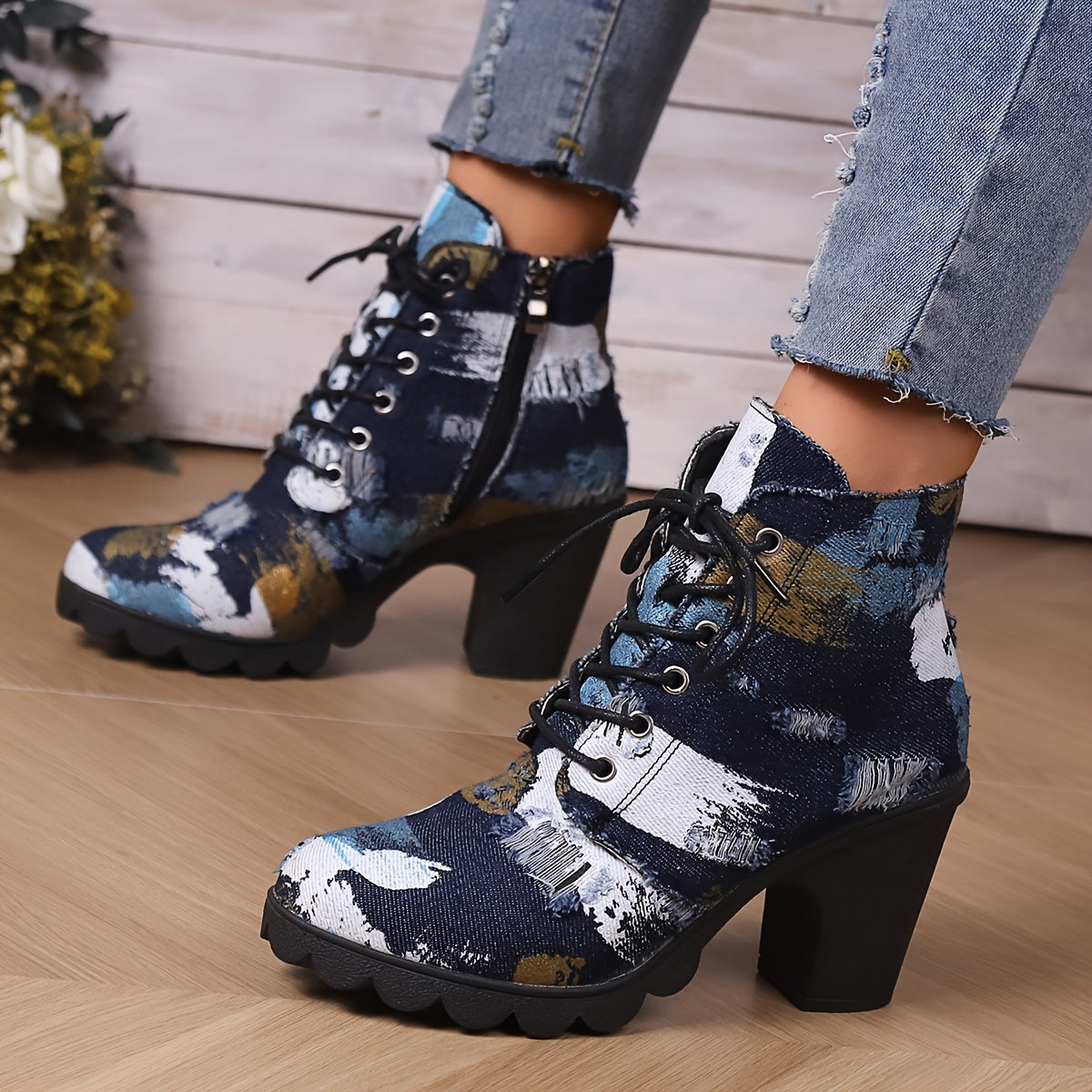 Women's Fabric Ankle Boots with Chunky Heel Side Zipper Wide Width