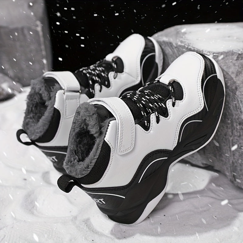 Kids Winter Basketball Sneakers High-Top Fleece-Lined Non-Slip Casual Outdoor Black White