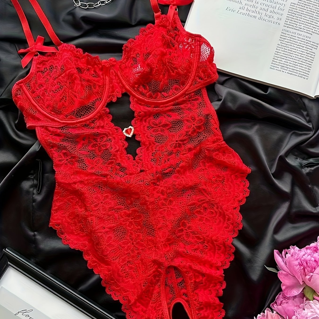 Women's Floral Print Lingerie Bodysuit with Bowknot and Mesh Hollow Design