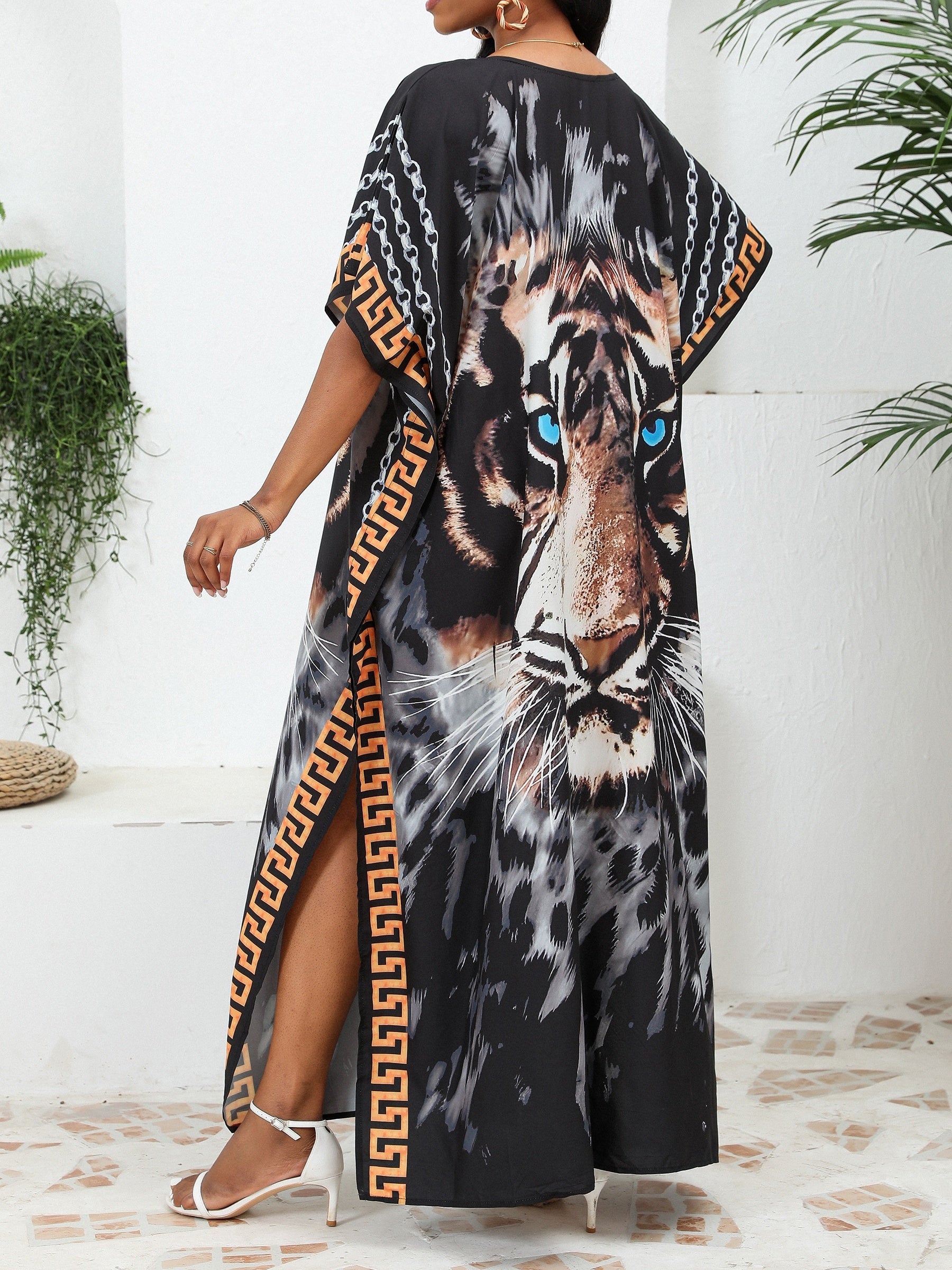 Плюс сайз тигровый принт V-образный вырез бохо накидка для осенних и зимних пляжных отпусков