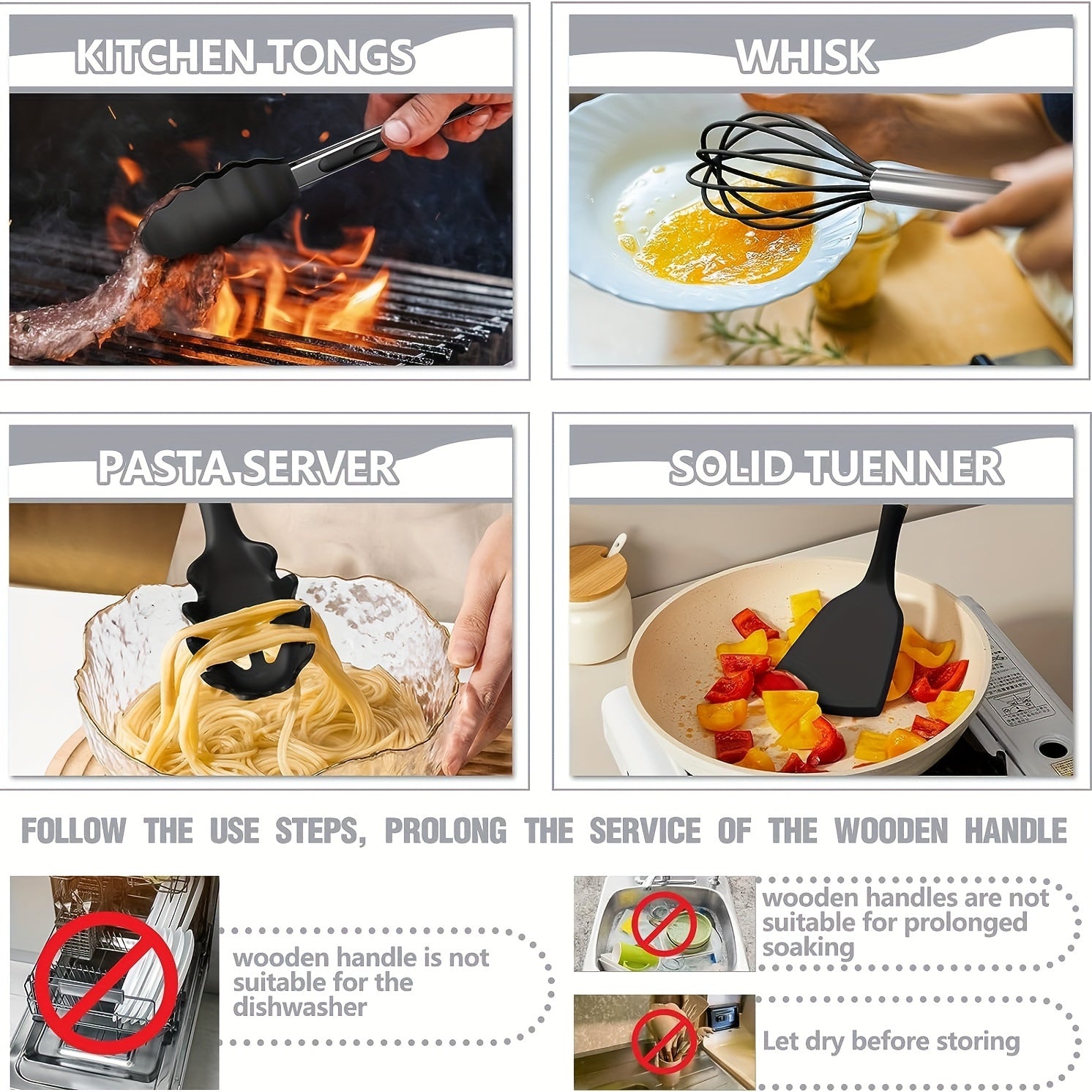 Silicone Kitchen Utensil Set 44 Pieces Non-Stick Coating Wooden Handles