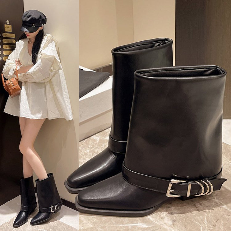 Women's Black Slip-On Chunky Mid-Heel Ankle Boots with Square Toe