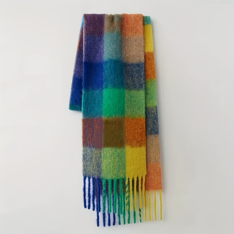 Rainbow-colored Boho Plaid Scarf with Tassels: Chunky, Imitation Tassel Shawl for Neck Warmth in Autumn and Winter. Features a Long Neckerchief Design.