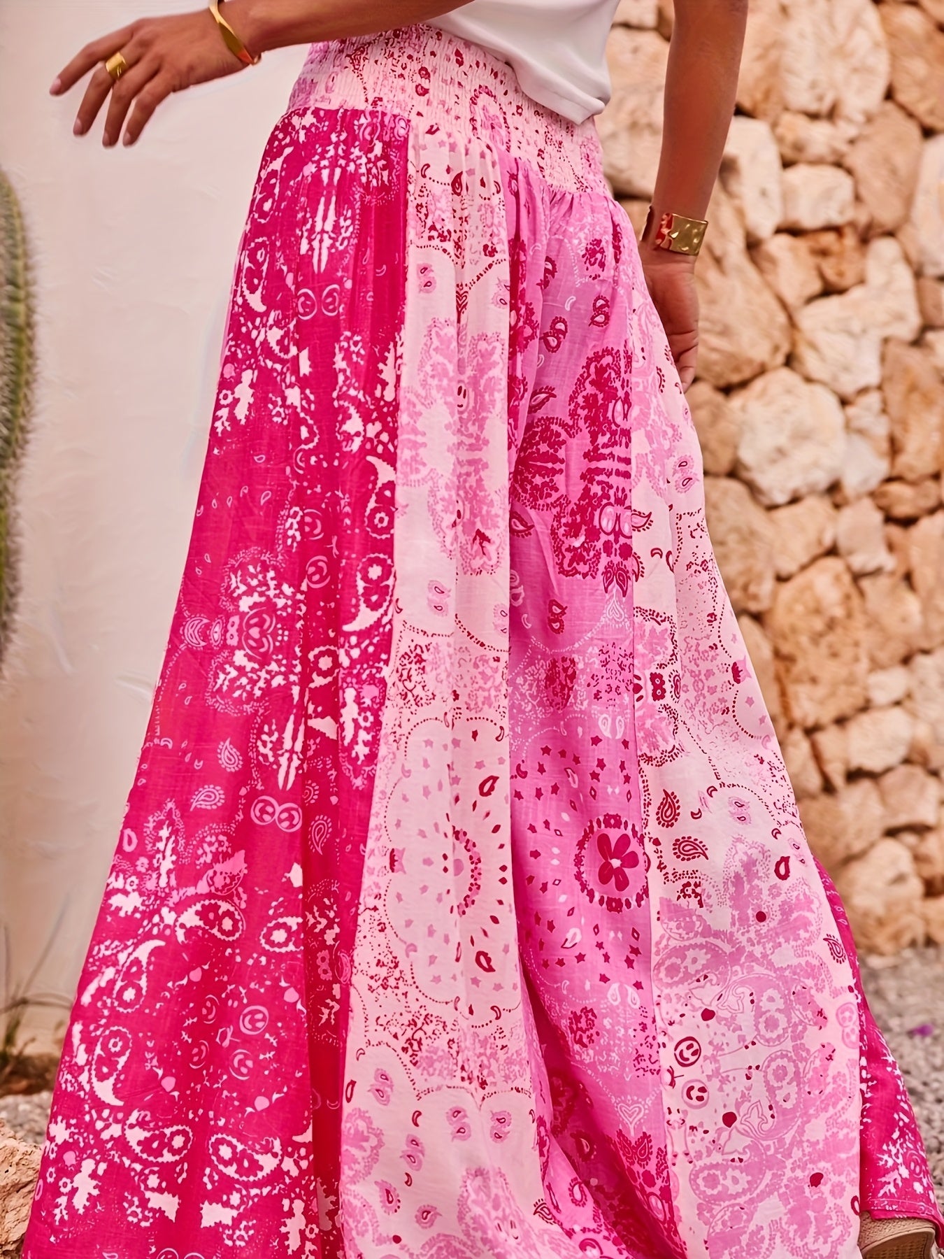 Women's Plus Size Floral Print Wide-Leg Pants with Elastic Waist Blue White Tropical