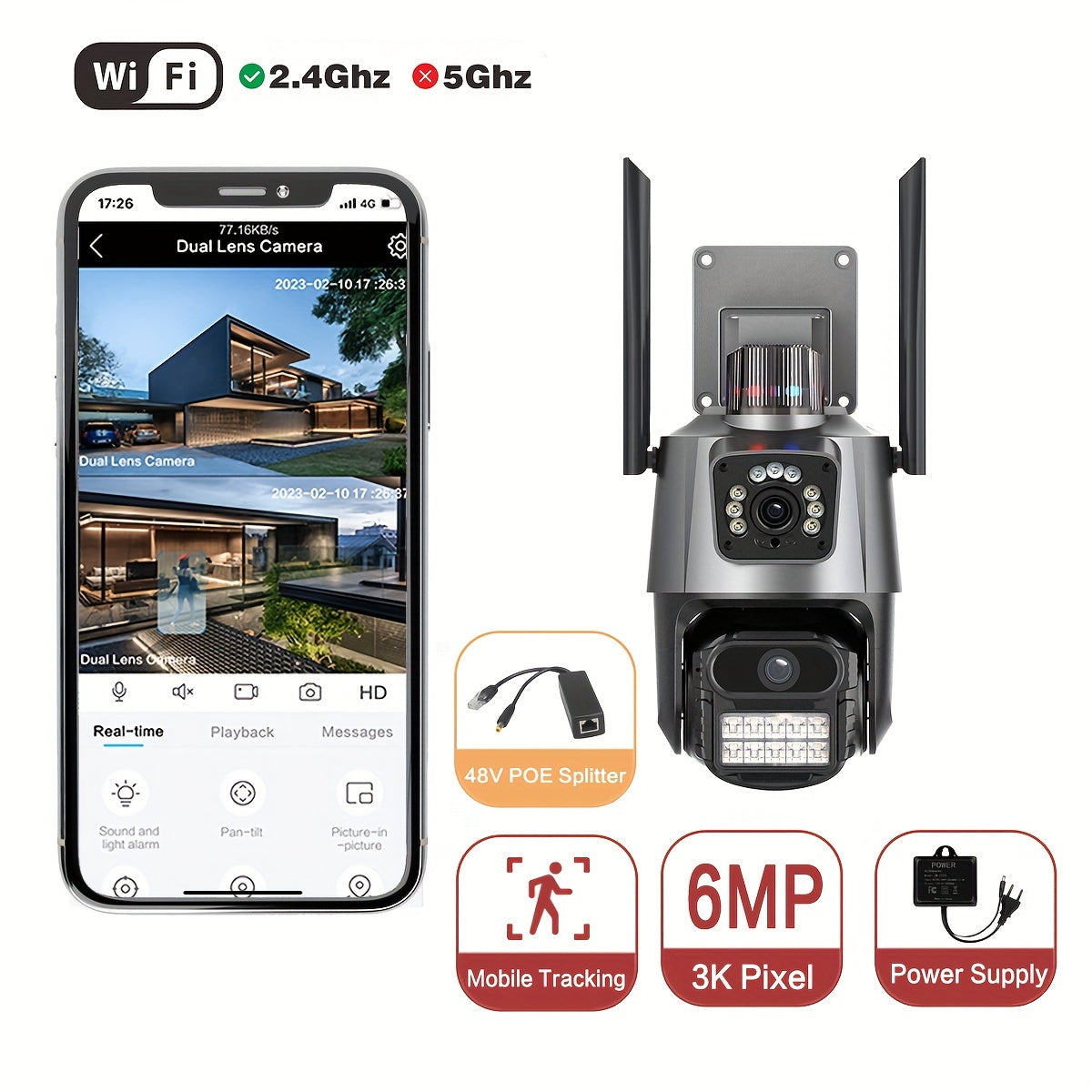 6MP POE simsiz xavfsizlik kamerası, 3K Full HD ikkilamchi linza, AI insonni aniqlash, avtomatik izlash, kechqurun ko‘rish, ikki tomonlama audio, ichki va tashqi foydalanish uchun