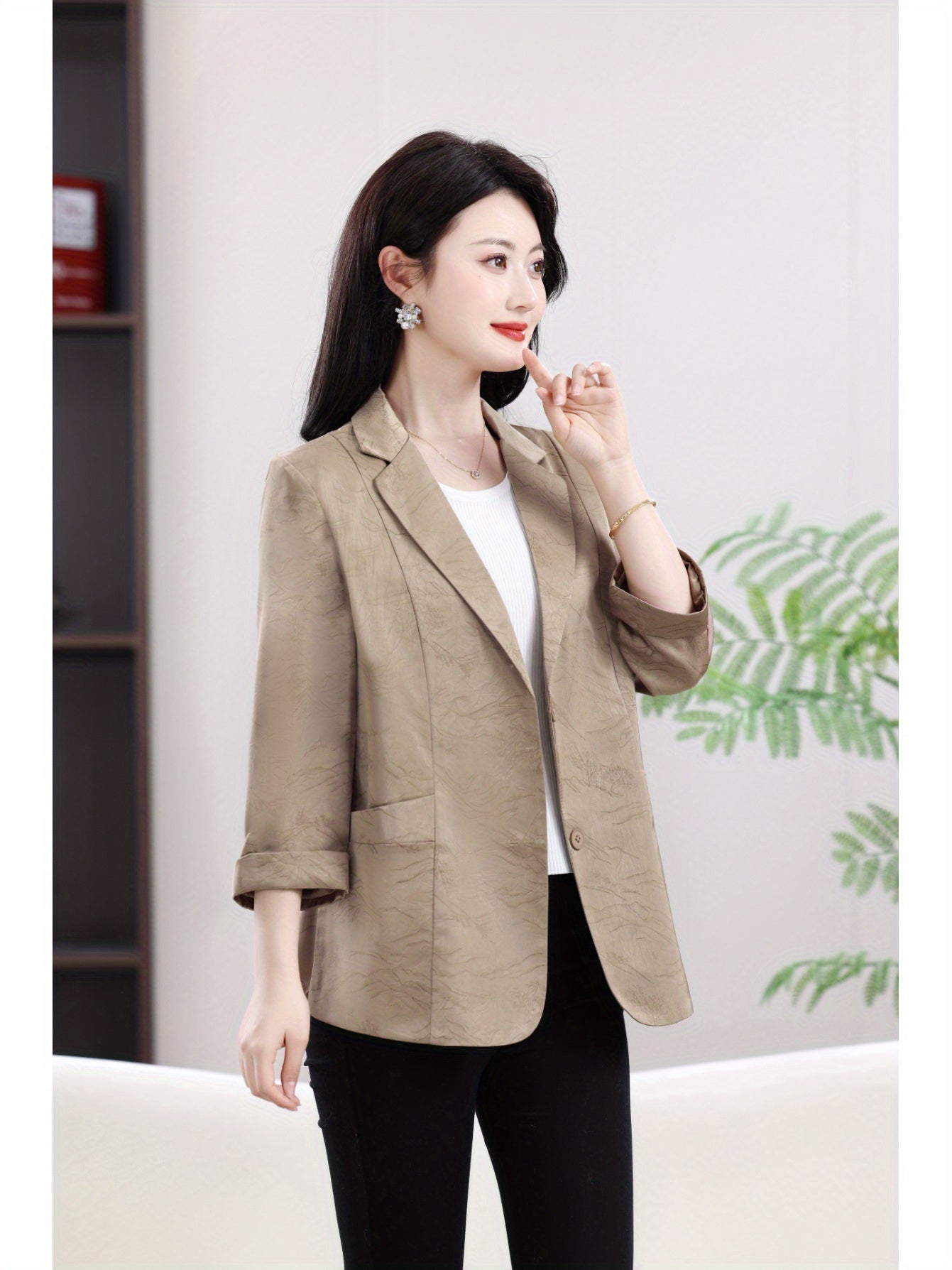 Plus Size Women's Suit Jacket Three-Quarter Sleeve Spring Autumn Caramel Khaki Coffee