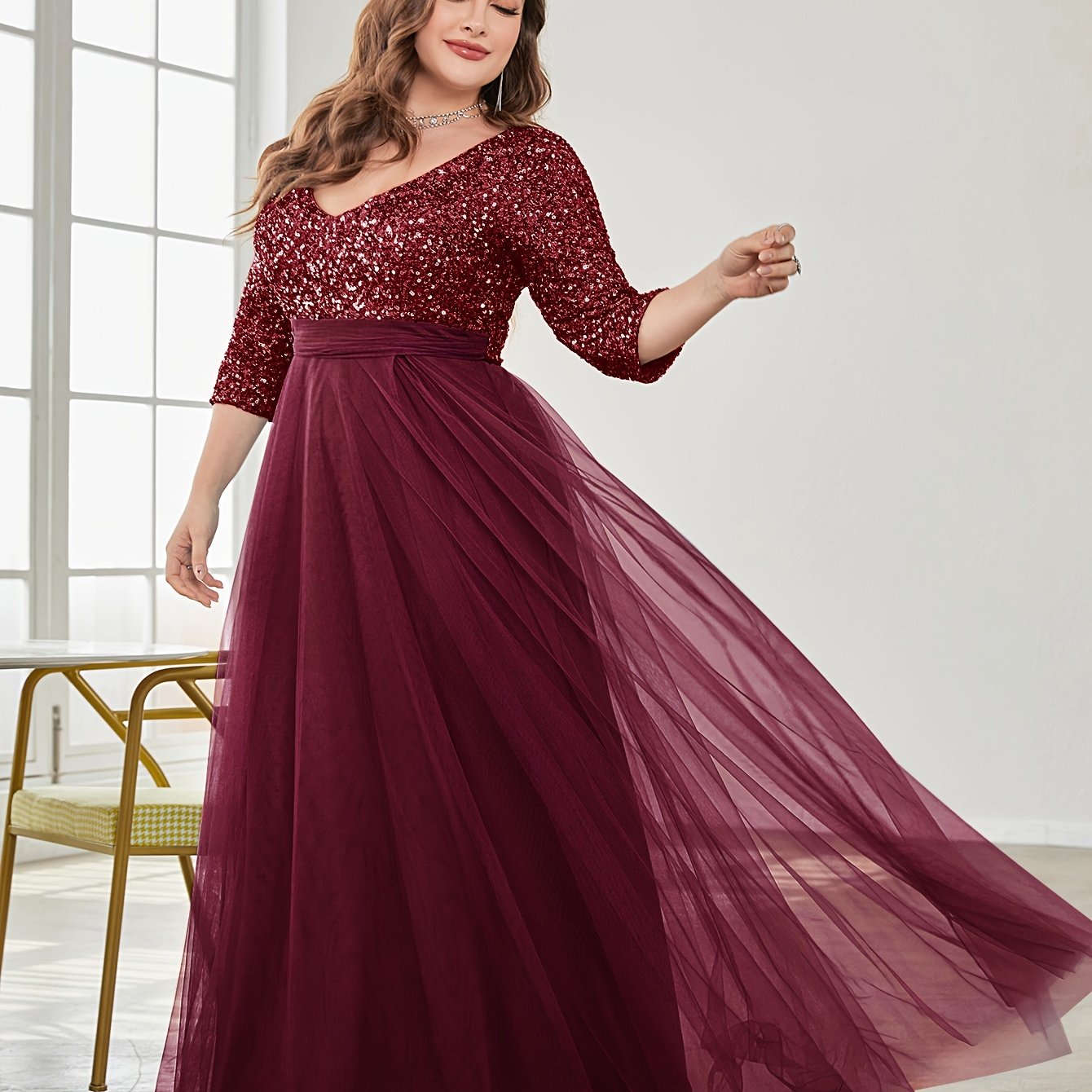 Vestido largo de novia y dama de honor con lentejuelas de talla grande, falda de tul