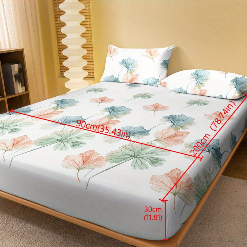 Leaf Print Fitted Sheet Deep Pocket Brushed Cotton Bed Sheet for Bedroom or Guest Room