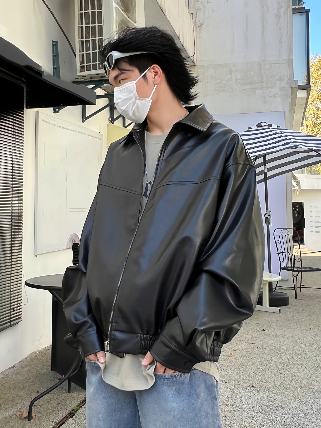 Black Glossy Finish Loose Fit Jacket with Zipper, Long Sleeves, Casual Style