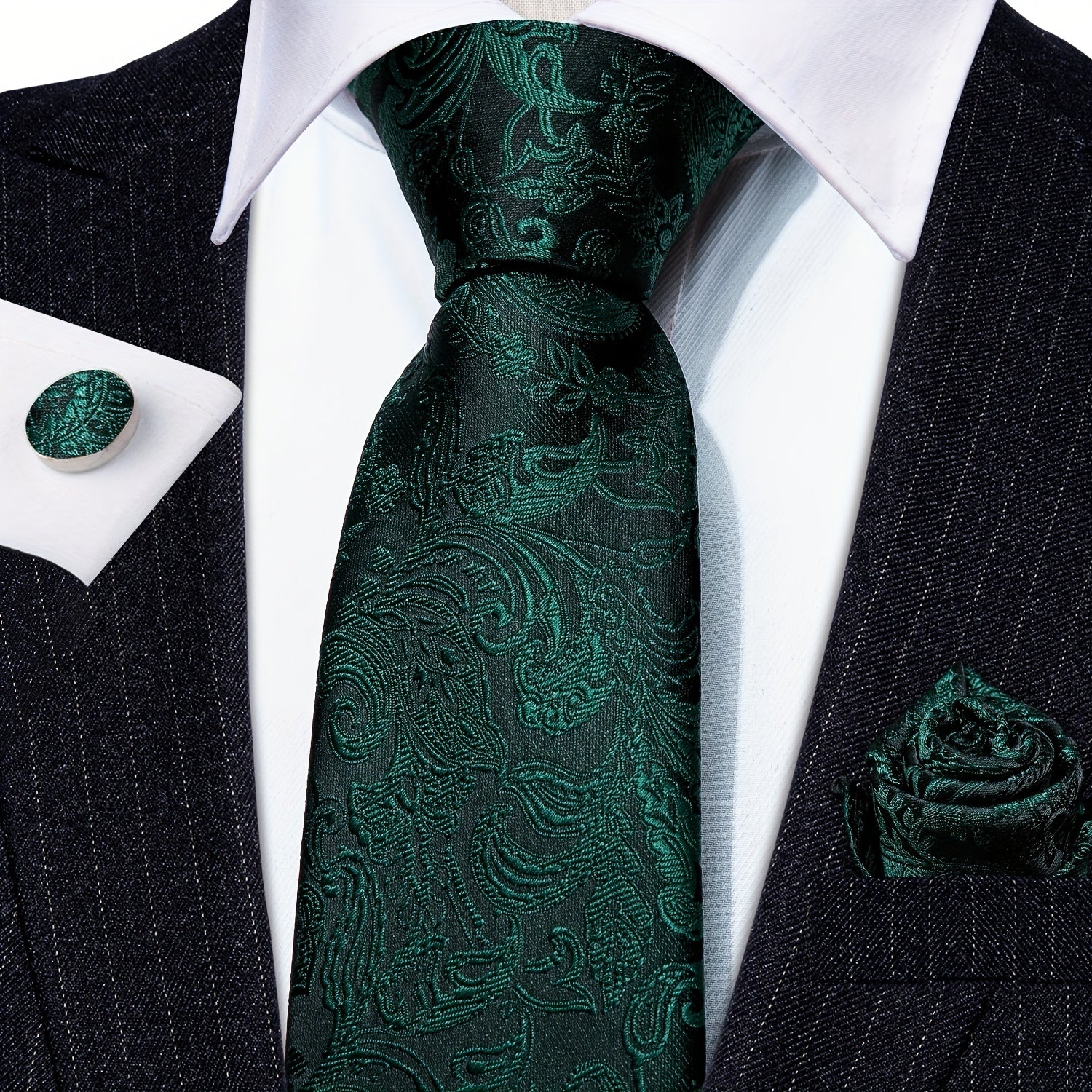 Men's Green Paisley Jacquard Tie Set with Pocket Square and Cufflinks for Weddings and Parties