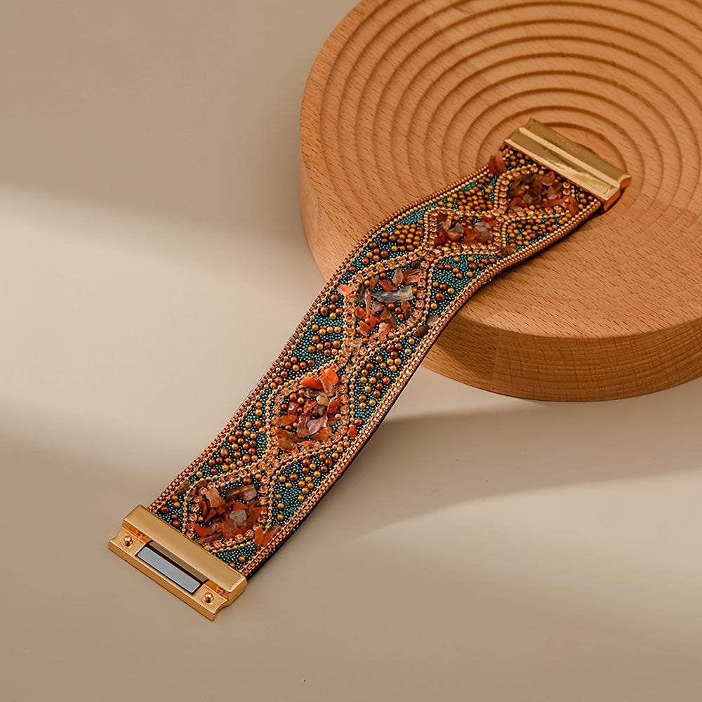 Women's Handmade Natural Stone Bead Faux Leather Bracelet with Magnetic Clasp