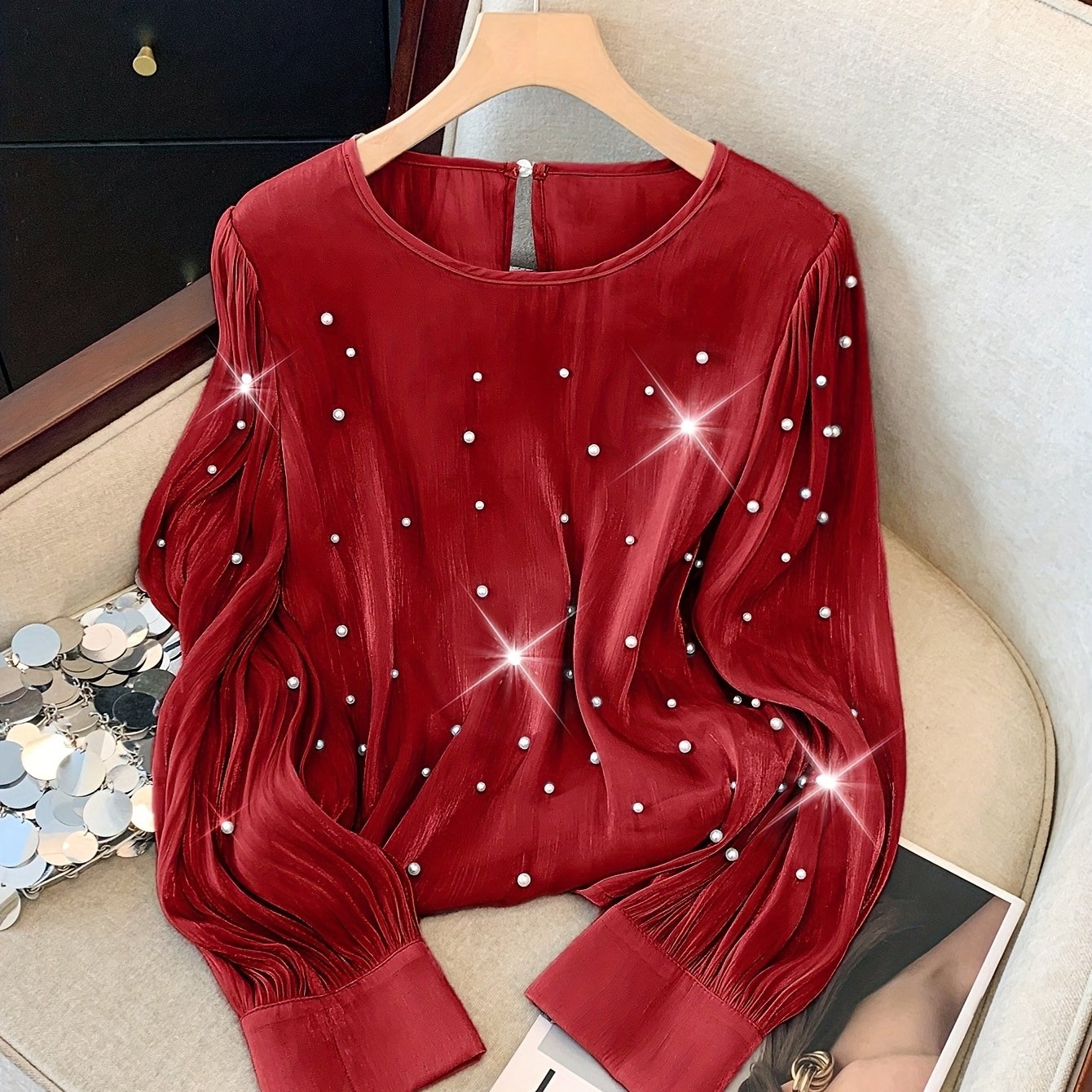 Women's Beaded V-Neck Blouse Long Sleeve Polyester Elegant French Style for Spring Fall Events