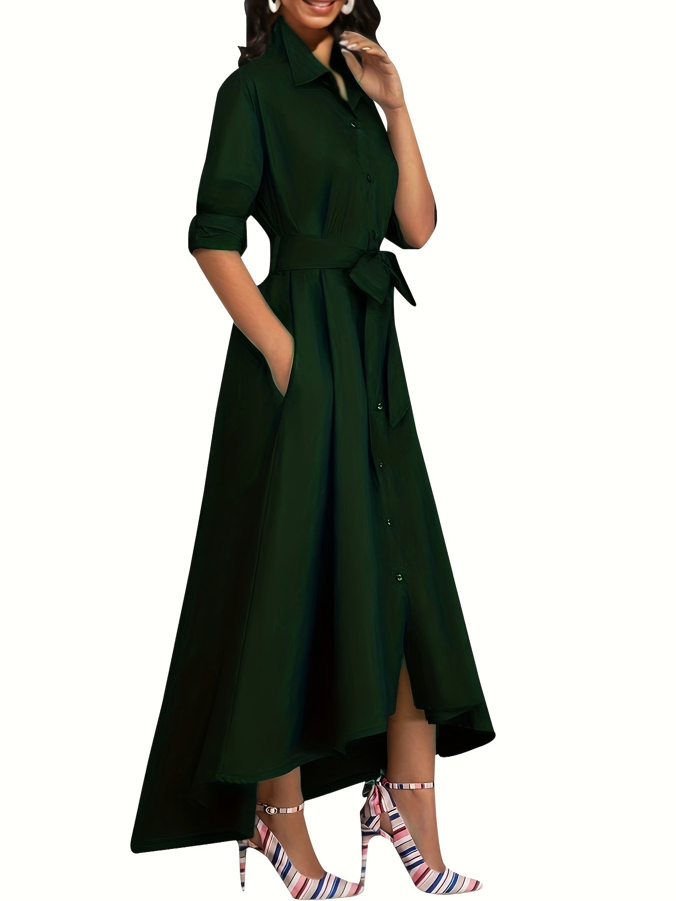 Green Midi Dress for Women Long Sleeve Belted Button-Up Collar Casual Fall Winter
