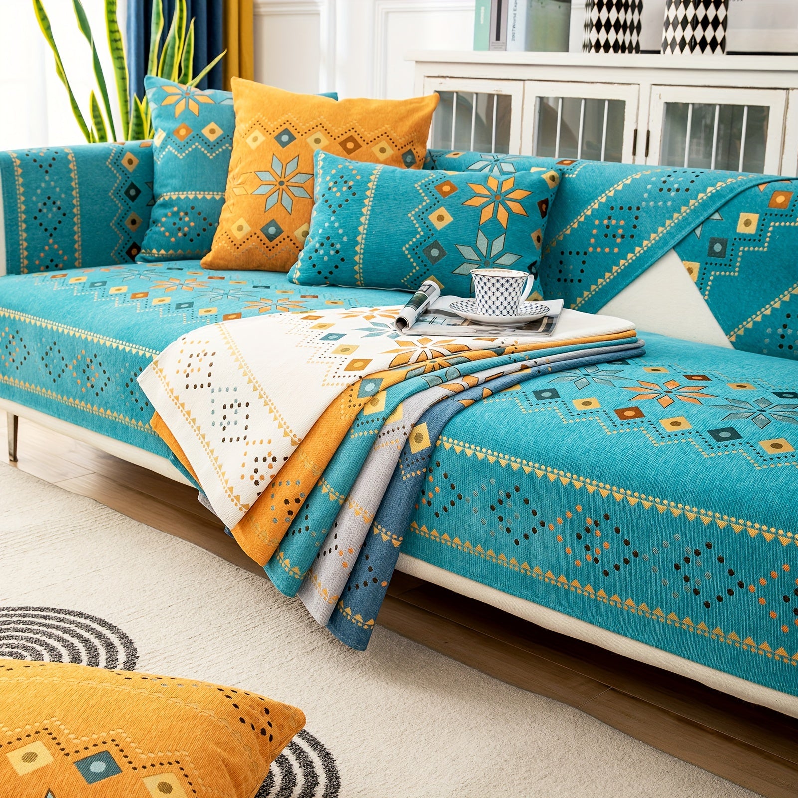 Bohemian Embroidered Sofa Slipcover with Pillowcase and Cushion Covers for Living Room and Bedroom