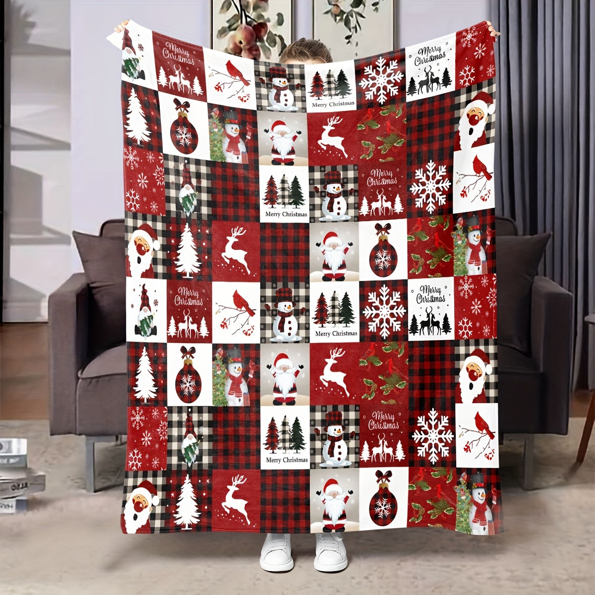 Reversible Christmas Reindeer Snowflake Throw Blanket Polyester Flannel for Sofa Bed Office