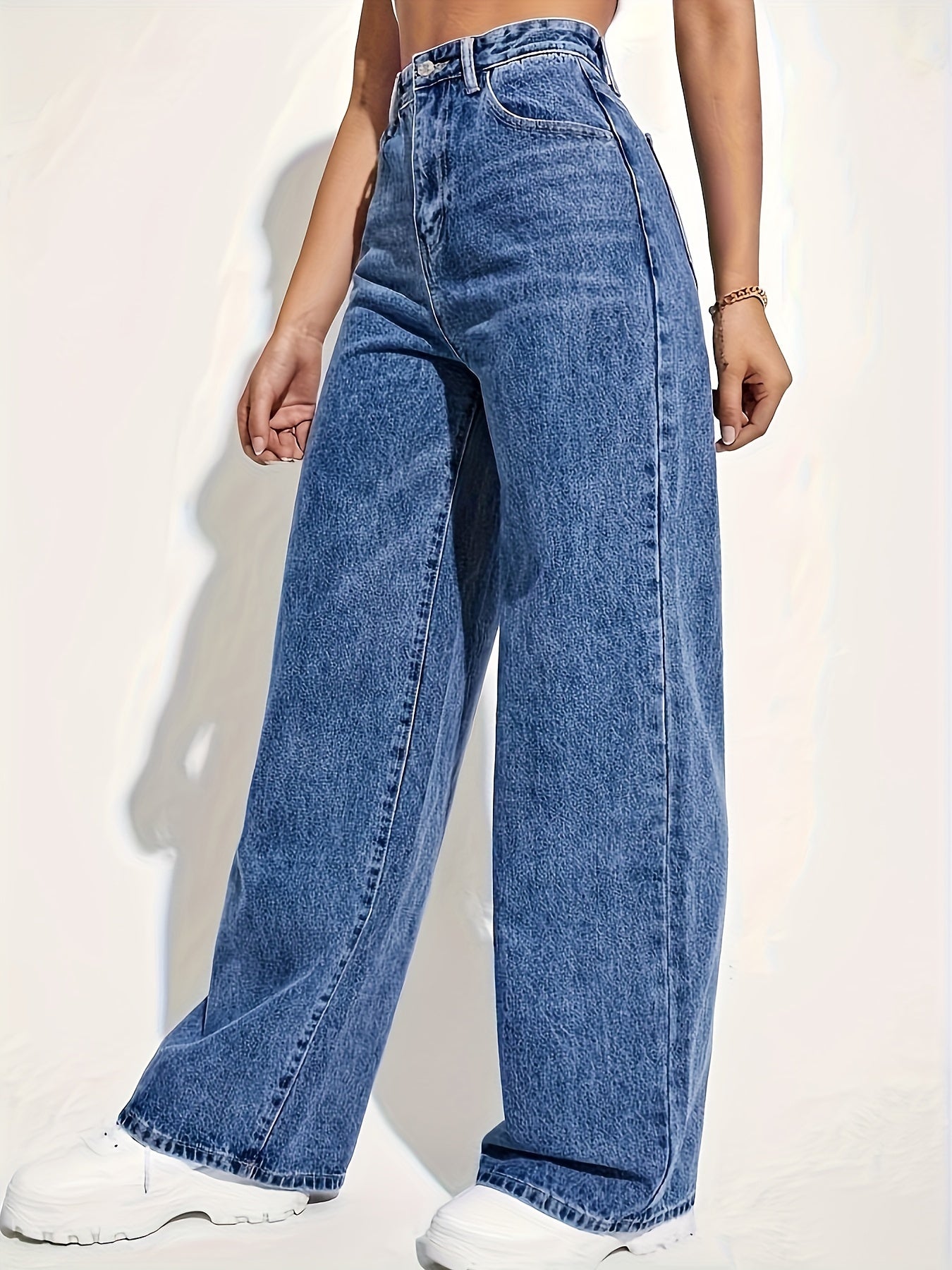 Women's High Rise Denim Jeans with Button Fly and Straight Leg
